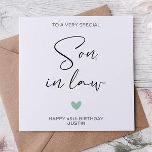 Carte d'anniversaire personnalisée gendre avec coeur vert, carte pour lui de tous âges et de tous les noms 18ème 21ème 30ème 40ème 50ème 60ème Moyenne ou grande