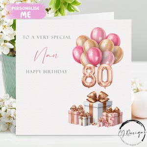 Carte d'anniversaire personnalisée Nan, tout âge ballons roses et or rose 40e 50e 55e 60e 65e 70e 75e 80e 85e 90e 95e 100e