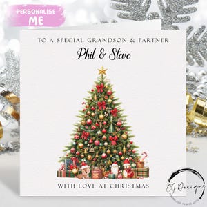 Carte de Noël personnalisée pour couple, petit-fils et partenaire, sapin de Noël décoré vert et carte cadeau