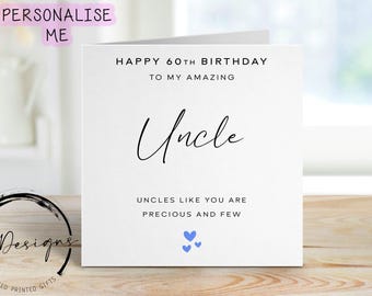 Personalised Uncle Birthday Card- Precious & Few Quote Blue Hearts -Any Age
