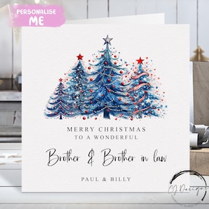Gepersonaliseerde zwager en zwager kerstkaart blauw en rood thema met namen kerstbomenkaart