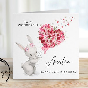 Personalisierte Tante Geburtstagskarte - Niedliches Häschen mit Blumen-Herz-Ballon - Karte für Sie, jedes Alter - 40er 50er 60er 70er 80er