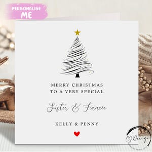 Personalisierte Schwester & Verlobte Weihnachtskarte Line Art Minimale Weihnachtsbaum weibliche Paar Karte mit Namen