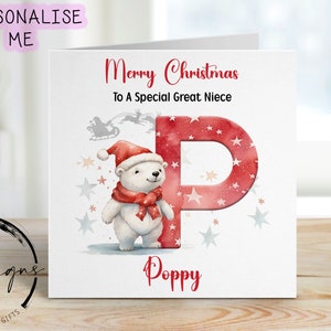 Cartão de Natal personalizado do Urso Polar da Grande Sobrinha com Rena do Papai Noel e Letra Inicial e Nome