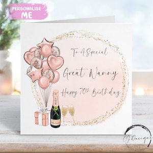 Grande carte d'anniversaire personnalisée pour nounou, or rose et ballons à thème dorés tout âge 40e 50e 60e 70e 80e 90e 100e 65e 75e 85e