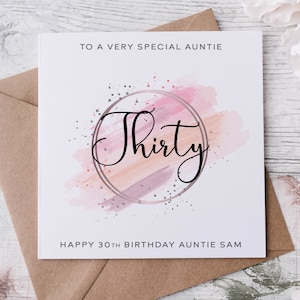 Carte personnalisée 30e anniversaire, toute relation familiale, joyeux anniversaire d'un ami, carte d'âge pour sa nièce, soeur, fille thème rose
