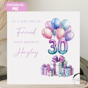 Carte d'anniversaire personnalisée avec un ami, tout âge/nom, ballons multicolores pastels numéro 16, 18, 21, 25, 30, 40, 45, 50, 60, 65, 70,