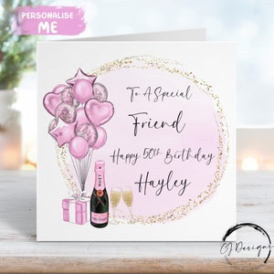 Carte d'anniversaire personnalisée pour un ami - thème rose et or avec des ballons Tout âge 16ème 17ème 18ème 19ème 20ème 21ème 30ème 40ème 50ème 60ème 70ème 80ème 90ème