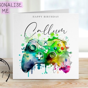 Tarjeta de cumpleaños personalizada para gamer - Control de consola multicolor - Para ella/él, cualquier edad - 40, 50, 60, 70, 80
