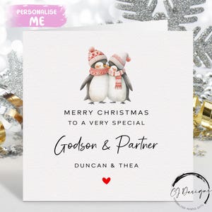 Tarjeta navideña personalizada para ahijado y pareja: tarjeta con pingüinos y corazón rojo