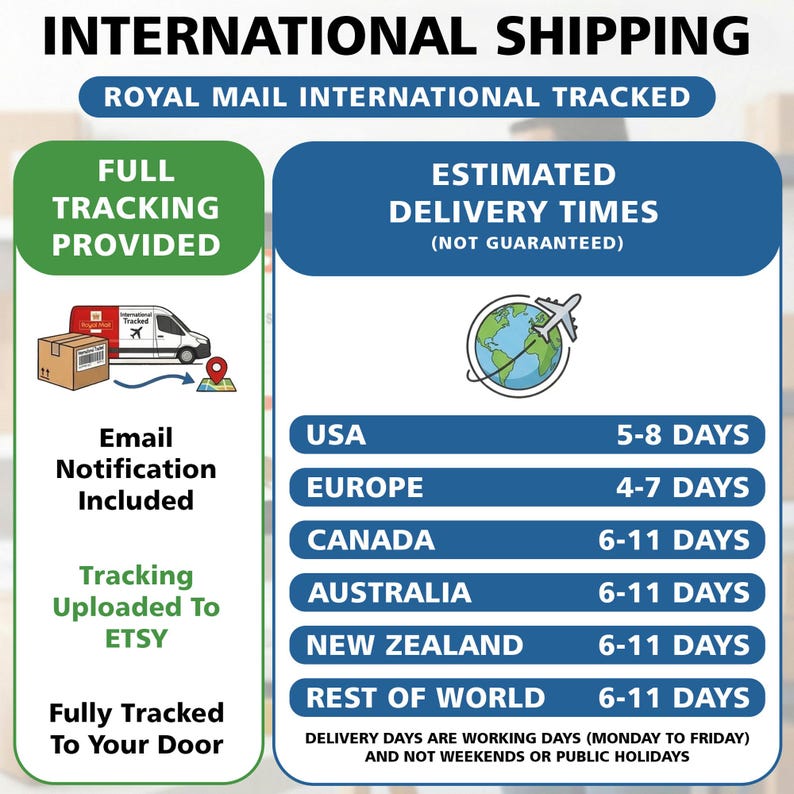 The image is an advertisement for international shipping services, specifically for Royal Mail International. It provides estimated delivery times for various destinations, including USA, Europe, Canada, Australia, New Zealand, and the Rest of the World. The ad also mentions that the estimated delivery times are not guaranteed and that the tracking is fully provided.