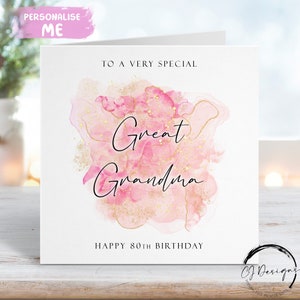 Carte d'anniversaire personnalisée arrière-grand-mère, or rose et éclaboussures roses, tous âges/noms 50e 60e 65e 70e 75e 80e 85e 90e 100e