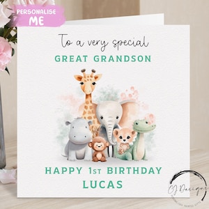 Birthday Card For Great-Grandson Personalised Green Theme Safari Animals