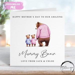Personalised Mummy Bear Mothers Day Card from TWINS or upto 5 Children  Mummy and Baby Bear ANY VARIATION/ Any Wording