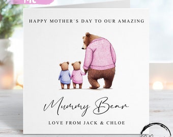 Personalised Mummy Bear Mothers Day Card from TWINS or upto 5 Children  Mummy and Baby Bear ANY VARIATION/ Any Wording