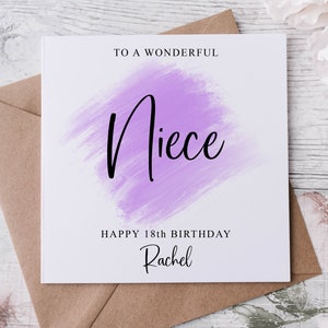 Carte d'anniversaire de nièce personnalisée, carte à thème violet pour sa nièce spéciale avec âge et nom 16e 18e 21e 30e 40e 50e