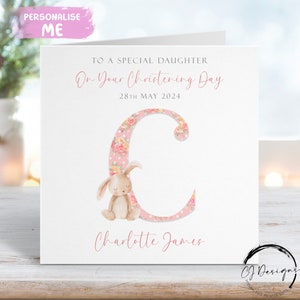 Biglietto di auguri personalizzato per il battesimo della figlia, nome iniziale e data, biglietto di auguri coniglietto, ricordo del giorno del battesimo per lei