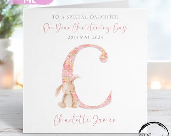 Personalised Daughter Christening Card, Initial Name and Date Bunny Greeting Card, Christening Day Keepsake For Her