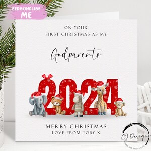 Tarjeta de Navidad personalizada para padrinos 2024 - Safari Animals First Christmas As My Card