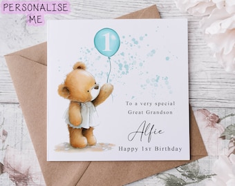 Personalised Great Grandson Birthday Card - Cute Bear with Age & Name Medium or Large card for him 1st 2nd 3rd 4th 5th 6th