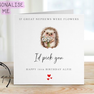 Personalisierte Geburtstagskarte des großen Neffen - Igel mit Blumen Grußkarte - Karte für ihn jedes Alter / Name 16., 18.