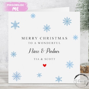 Gepersonaliseerde kerstkaart voor nichtje en partner - eenvoudige minimalistische kerstsneeuwvlok - paarkaart met namen