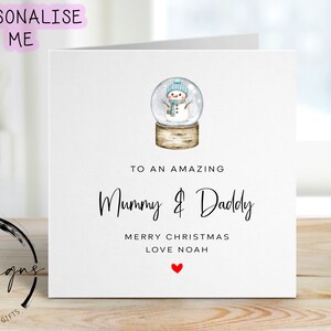 Mummy & Daddy Weihnachtskarte - personalisierte Karte mit blauem Thema Schneemann Schneekugel