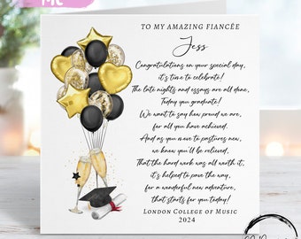 Personalised Fiancee Poem Graduation Card- with Cap, Scroll, Champagne & Balloons- Name and University  ANY YEAR