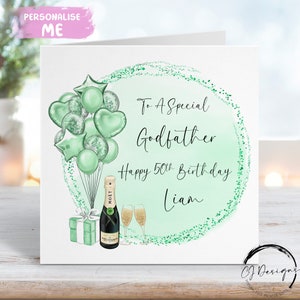 Tarjeta de cumpleaños personalizada del Padrino con globos verdes. Para cualquier edad: 18, 21, 30, 40, 45, 50, 60, 70, 80, 90, 100, 65, 75 y 85.