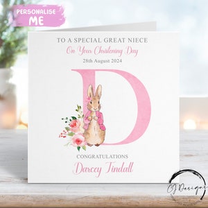 Personalisierte Peter Rabbit Große Nichte Taufkarte, Anfangsname und Datum Grußkarte, Tauftag Andenken Mädchen Flopsie