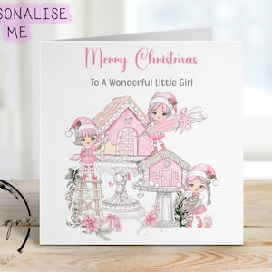 Personalisierte Weihnachtskarte für kleine Mädchen, rosa Elfen & Lebkuchenhaus - für kleine Mädchen -