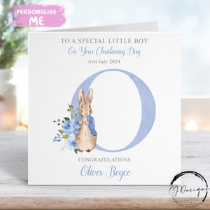 Personalisierte Peter Rabbit Taufkarte für kleinen Jungen, Anfangsname und Datum Grußkarte, Andenken an den Tauftag