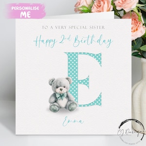 Cartão de aniversário personalizado para irmã, nome inicial e idade, cartão de felicitações do urso verde, 1º, 2º, 3º, 4º, 5º, 6º e 7º ano, lembrança para meninas de qualquer idade