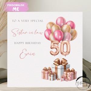 Carte d'anniversaire personnalisée belle-soeur tout âge/nom rose et or rose ballons numéros 21e 25e 30e 35e 40e 50e 60e 65e 70e 80e