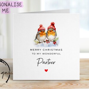 Partner Weihnachtskarte - Robin Paar tragen Weihnachtsmützen Karte und rotes Herz