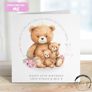 Carte d'anniversaire personnalisée nounou ours jusqu'à 5 enfants nounou et bébé ours - Toute formulation 40e 50e 60e 70e 80e 90e 100e