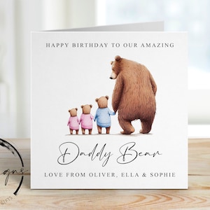 Gepersonaliseerde Daddy Bear-verjaardagskaart voor maximaal 4 kinderen - Daddy and Baby Bear-kaart voor hem middelgrote of grote kaart Naam en leeftijd