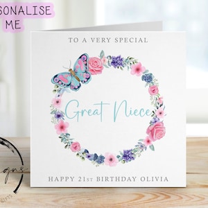 Carte d'anniversaire personnalisée petite nièce - couronne de fleurs et de papillons - tout âge/nom, carte de voeux 16e, 18e, 21e, 30e, 40e, 50e, 60e,