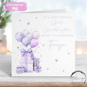 Carte d'anniversaire personnalisée arrière-petite-fille violet/lilas, ballons tout âge/nom 15e 16e 18e 21e 30e 35e 40e 45e 50e