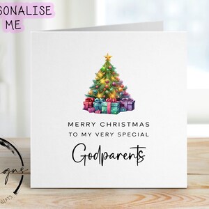 Tarjeta de Navidad para padrinos especiales Árbol de Navidad con regalos coloridos