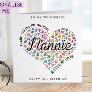 Carte d'anniversaire personnalisée pour nounou - Merci pour les millions de choses coeur - Carte de voeux pour tous les âges 40e 50e, 60e, 70e, 80e, 90e