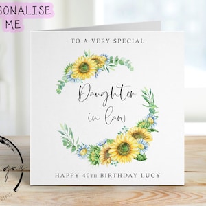 Carte d'anniversaire personnalisée pour belle-fille - Couronne de tournesols, tout âge/nom, carte de voeux pour ses 18, 21, 30, 40, 50, 60, 70 ans