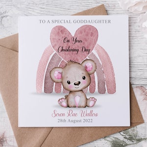 Biglietto di auguri personalizzato per il battesimo della figlioccia, simpatico biglietto di auguri con nome e data dell'orso rosa, ricordo del giorno del battesimo