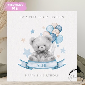 Carte d'anniversaire personnalisée cousine ours - mignon nounours avec des ballons bleus tous âges et prénoms pour lui 1er 2e 3e 4e 5e 6e 7e 8e