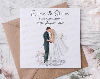 Personalised Congratulations Wedding Day Card, You Choose Hair Colour and Skin Tone With Names & Date, Mr and Mrs Card