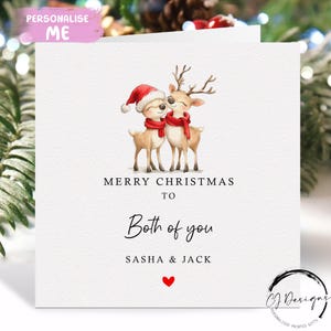 Gepersonaliseerde kerstkaart stel - liefdevol rendierpaar en rood hart
