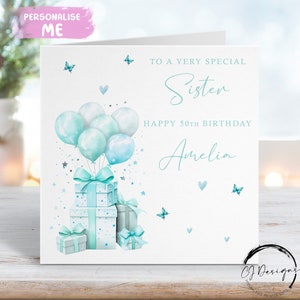 Carte d'anniversaire personnalisée sarcelle/bleu/vert Cadeaux et ballons Tout âge/Nom 18ème 21ème 30ème 40ème 50ème 60ème 65ème 70ème 80ème 90ème