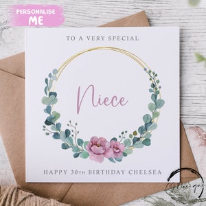 Carte d'anniversaire personnalisée nièce - couronne de fleurs d'eucalyptus tout âge/nom carte de voeux 15, 16, 17, 18, 21, 30, 40, 50, 60