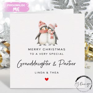 Personalisierte Enkelin & Partner Weihnachtskarte - Paar Pinguine Karte und rotes Herz