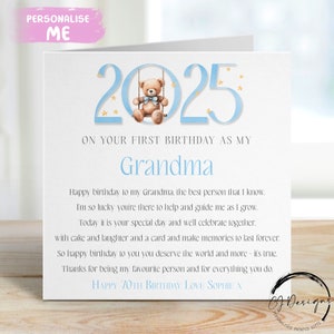 Tarjeta de cumpleaños personalizada para abuela: osito de peluche azul 2025 Primer cumpleaños como mi poema: nombre CUALQUIER TEXTO 1.º 45.º 50.º 65.º 60.º 70.º 80.º 90.º